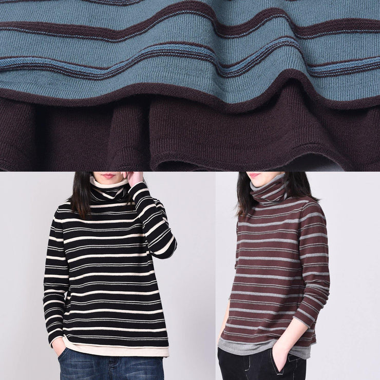 For Work blue knitted blouse plus size striped sweaters high neck - SooLinen