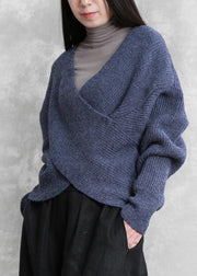 For Work blue knitted clothes plus size knit sweat tops v neck Batwing Sleeve - SooLinen