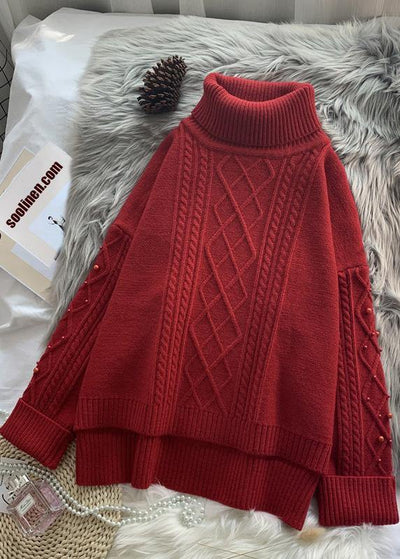 For Work burgundy Sweater Blouse low high design oversize high neck knitwear - SooLinen