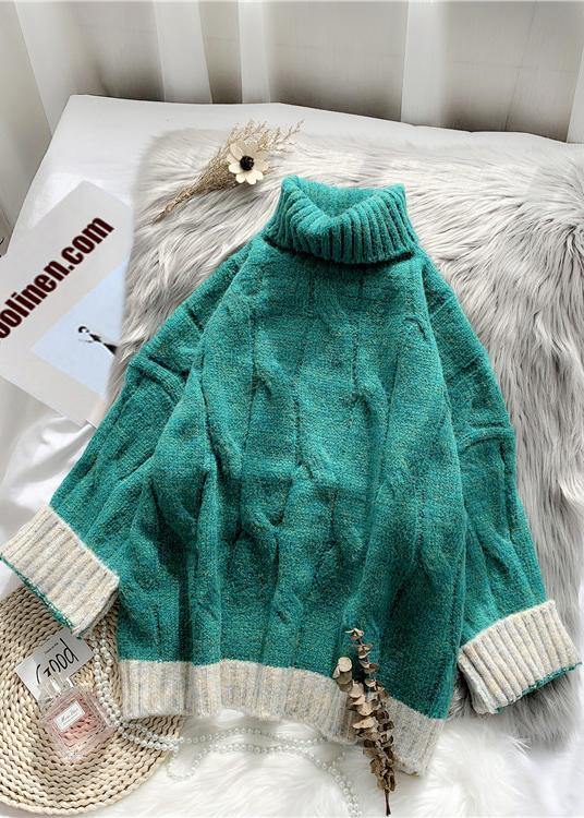 For Work fall green knit sweat tops plus size high neck patchwork Blouse - SooLinen