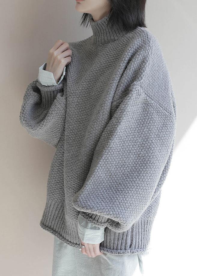 For Work gray knitwear plus size clothing high neck lantern sleeve knitted t shirt - SooLinen