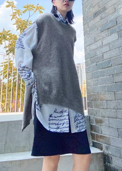 For Work gray sweater tops o neck sleeveless oversize knitwear - SooLinen