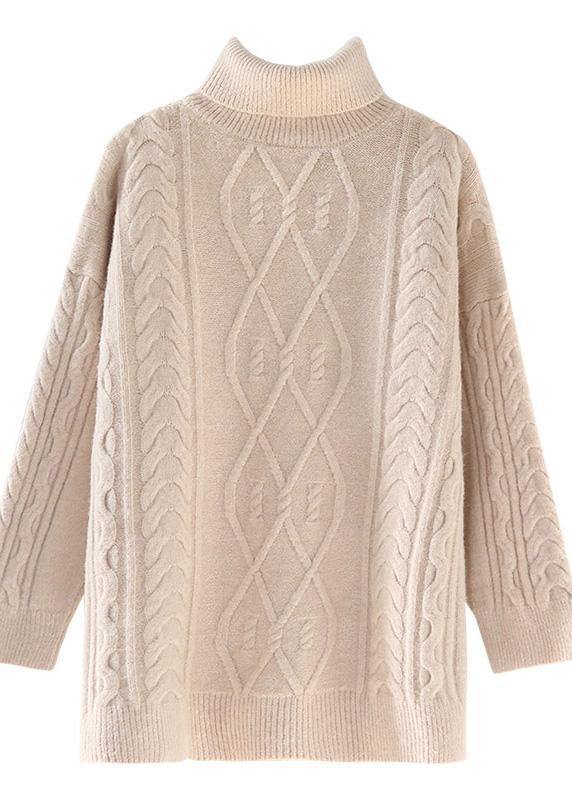 For Work high neck beige knitwear plus size spring knitted pullover - SooLinen