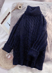 For Work navy clothes asymmetric hem oversized high neck knit tops - SooLinen