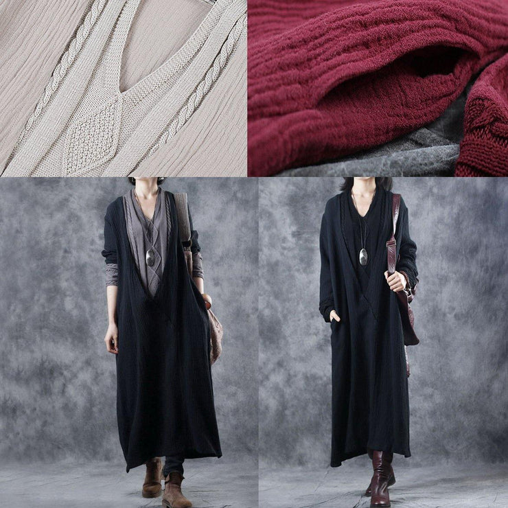 For Work patchwork Sweater v neck outfits Largo black DIY knit dress - SooLinen