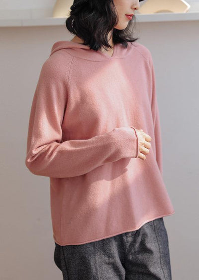 For Work pink knitted top hooded baggy trendy plus size knitwear - SooLinen