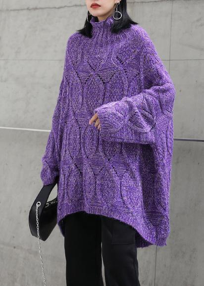 For Work purple clothes For Women high neck low high design oversize knitwear - SooLinen