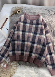 For Work purple knitted clothes warm oversized plaid knitwear - SooLinen