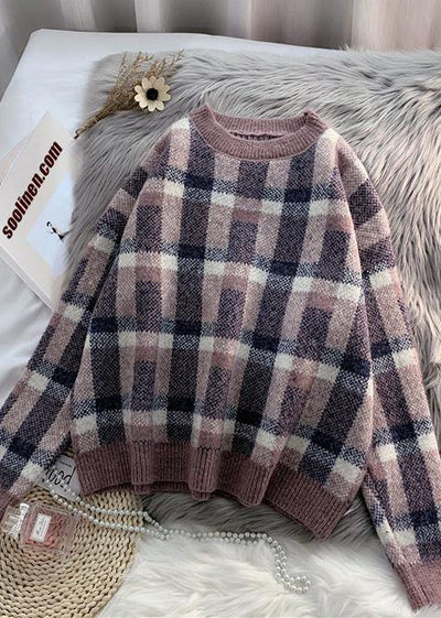 For Work purple knitted clothes warm oversized plaid knitwear - SooLinen