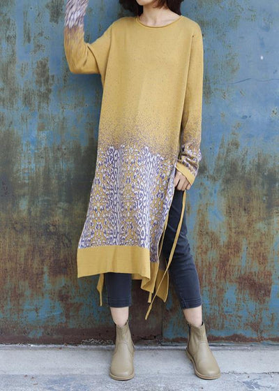 For Work side open Sweater o neck weather Classy yellow Jacquard Hipster sweater dress - SooLinen