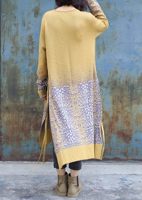 For Work side open Sweater o neck weather Classy yellow Jacquard Hipster sweater dress - SooLinen