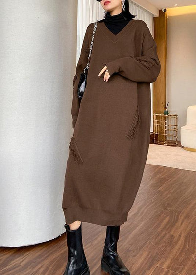 For Work v neck baggy Sweater dress outfit Moda chocolate Funny knitted dress - SooLinen