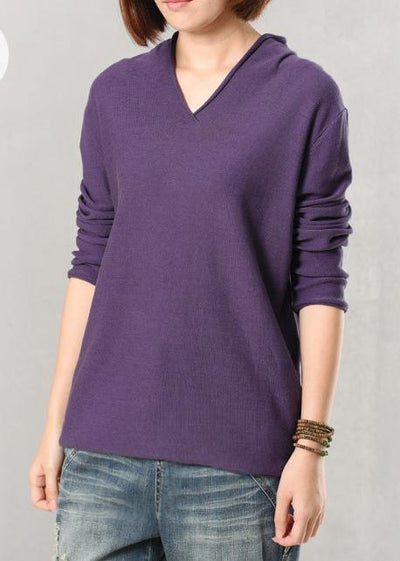 For Work v neck wild sweater casual solid color sweaters purple - SooLinen