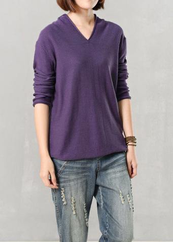 For Work v neck wild sweater casual solid color sweaters purple - SooLinen
