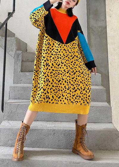 For Work yellow Sweater dresses Design patchwork Hipster spring knit dress - SooLinen