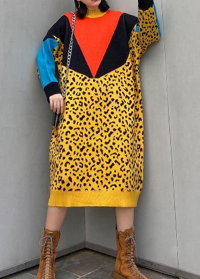 For Work yellow Sweater dresses Design patchwork Hipster spring knit dress - SooLinen