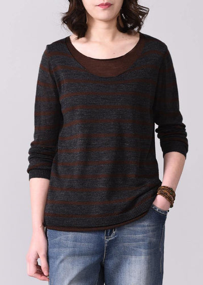 For fall striped knitted t shirt casual false two piecesknit sweat tops o neck - SooLinen