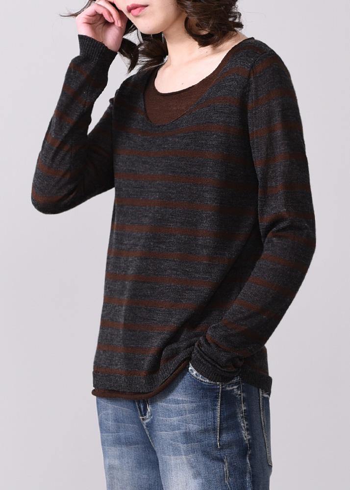 For fall striped knitted t shirt casual false two piecesknit sweat tops o neck - SooLinen