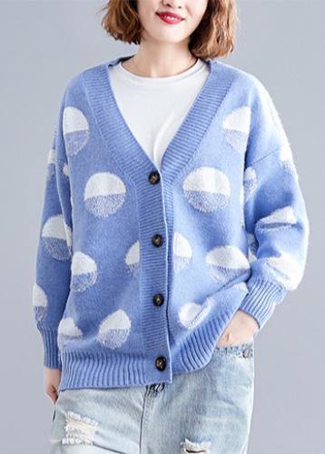 For fall v neck blue dotted knitwear plus size wild clothes - SooLinen