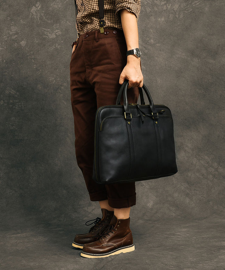 Formal Chocolate Solid Color Calf Leather Computer Package Tote Handbag