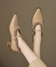 French Apricot Buckle Strap Fuzzy Wool Lined Pointed High Heels