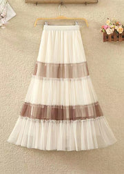 French Apricot Coffee Patchwork High Waist Tulle Pleated Skirts Spring