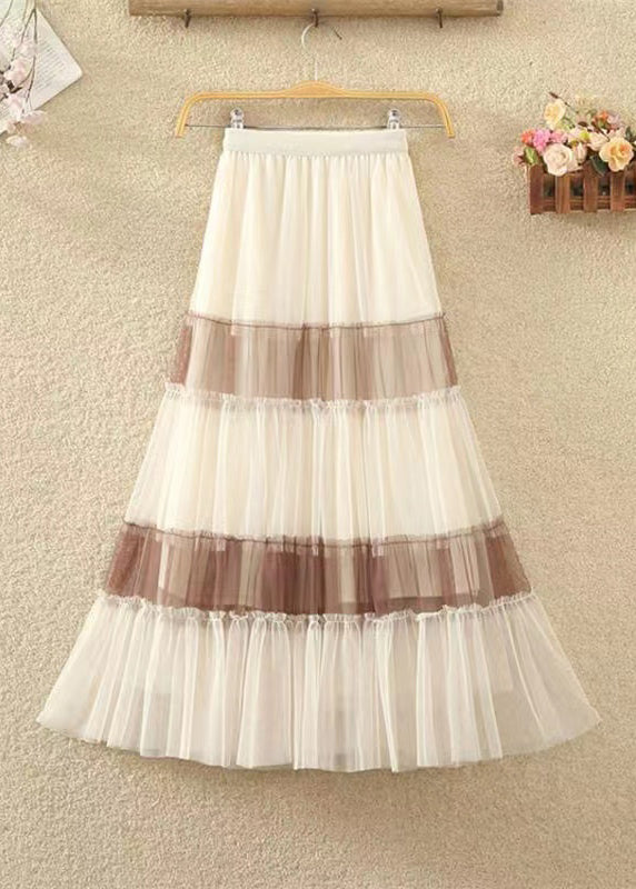 French Apricot Coffee Patchwork High Waist Tulle Pleated Skirts Spring