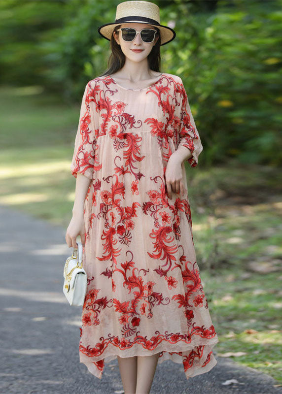 French Apricot Embroidered Oversized Silk Holiday Dress Summer