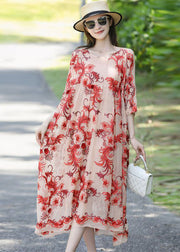 French Apricot Embroidered Oversized Silk Holiday Dress Summer
