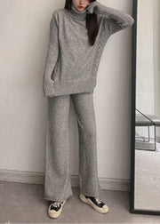 French Apricot Hign Neck Tops And Pants Knit Two Pieces Set Autumn