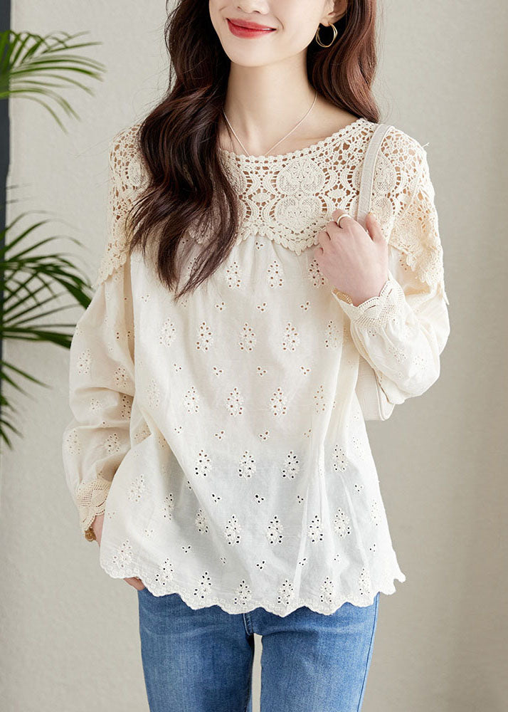 French Apricot Hollow Out Lace Patchwork Cotton Shirts Top Spring