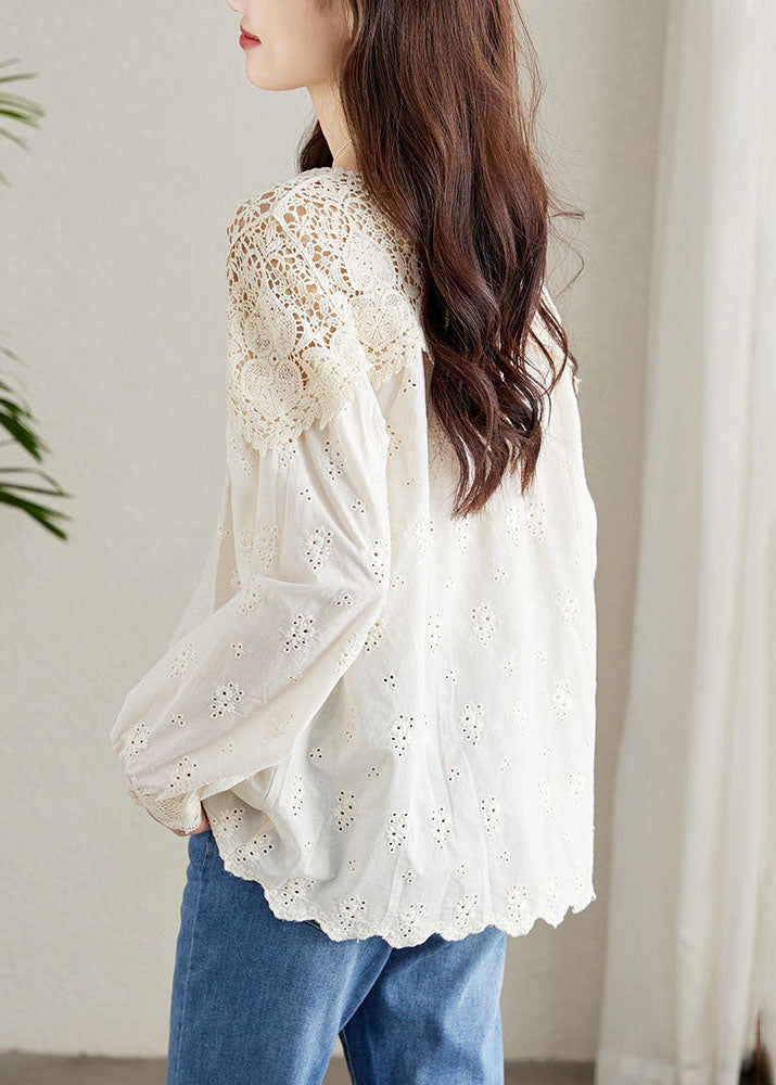 French Apricot Hollow Out Lace Patchwork Cotton Shirts Top Spring
