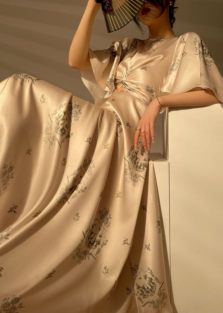 French Apricot O Neck Print Exra Large Hem Silk Dress Cloak Sleeves