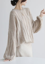 French Apricot O Neck Puff Sleeve Cable Knit Woolen Sweater
