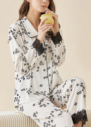 French Apricot Peter Pan Collar Print Lace Patchwork Ice Silk Pajamas Two Pieces Set Spring