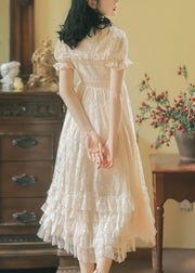 French Apricot Ruffled Bow Patchwork Lace Princess Dress Summer