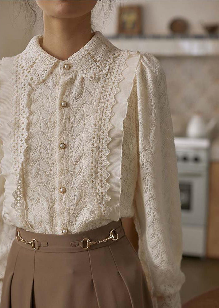 French Apricot Ruffled Button Patchwork Lace Shirt Long Sleeve