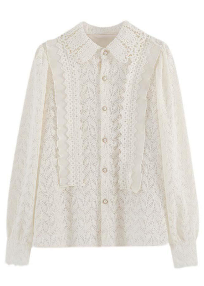 French Apricot Ruffled Button Patchwork Lace Shirt Long Sleeve