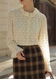 French Apricot Ruffled Button Patchwork Lace Top Long Sleeve