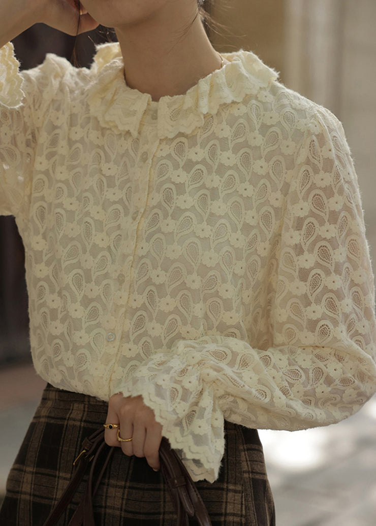 French Apricot Ruffled Button Patchwork Lace Top Long Sleeve