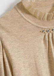 French Apricot Ruffled Zircon Patchwork Woolen Knit Top Lantern Sleeve