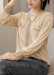 French Apricot V Neck Hollow Out Silk Velour Shirts Long Sleeve