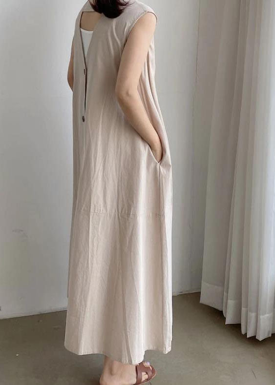 French Apricot V Neck Patchwork Button Cotton Maxi Dresses Sleeveless