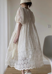 French Apricot Wrinkled Patchwork Lace Long Dresses Puff Sleeve