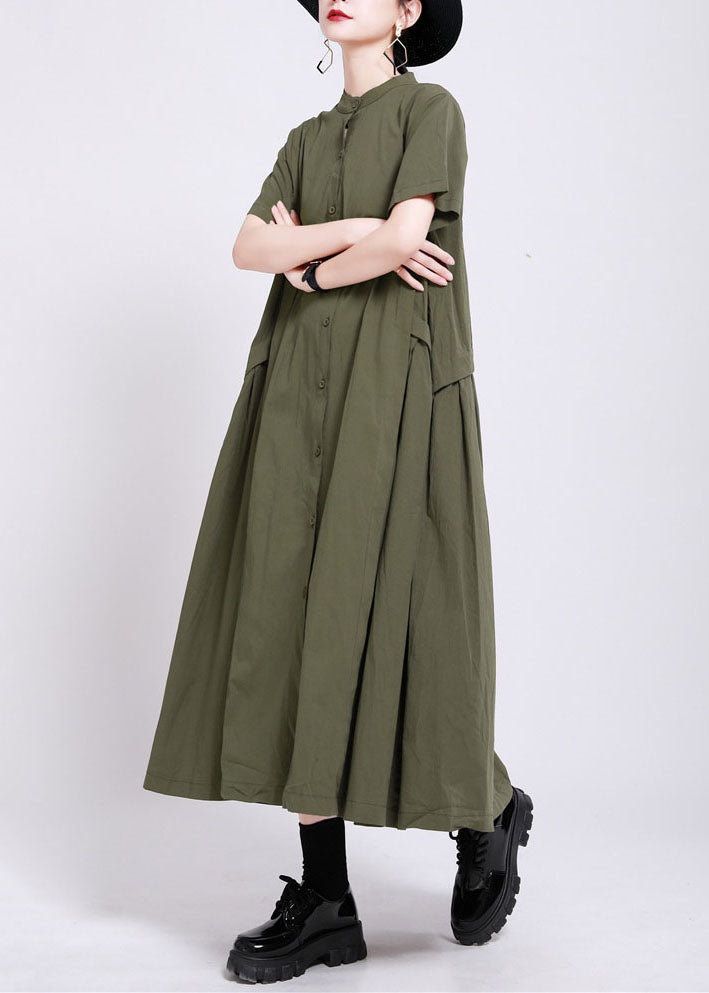 French Army Green Button Patchwork Wrinkled Cotton Long Dress Summer