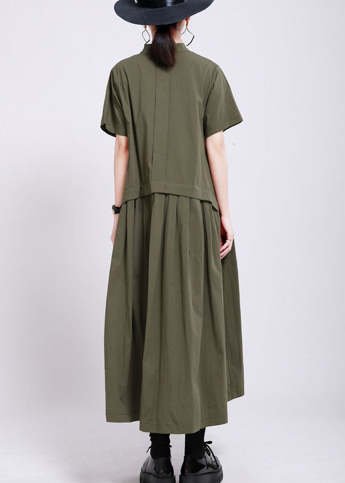 French Army Green Button Patchwork Wrinkled Cotton Long Dress Summer