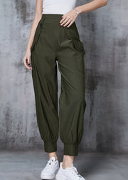 French Army Green Elastic Waist Pockets Cotton Overalls Pants Spring