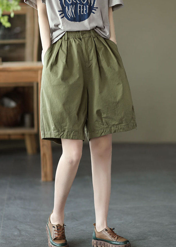 French Army Green Elastic Waist Pockets Cotton Overalls Shorts Summer