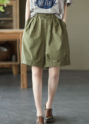French Army Green Elastic Waist Pockets Cotton Overalls Shorts Summer