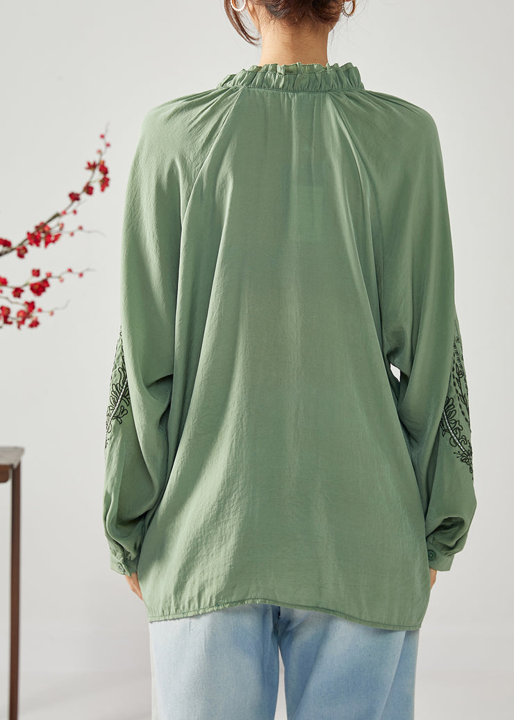 French Army Green Embroidered Ruffled Cotton Shirts Spring